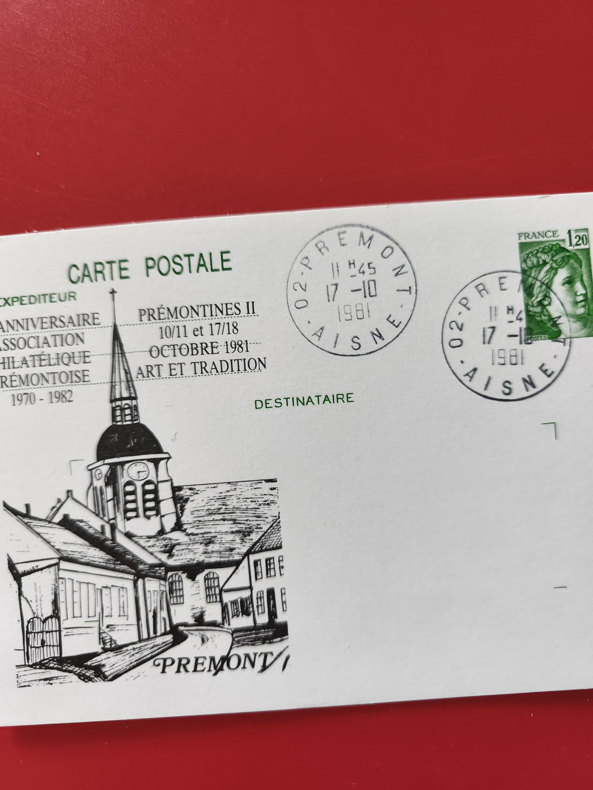 Carte postale philatélie Prémontré 1981 oblitérée timbre Marianne verte