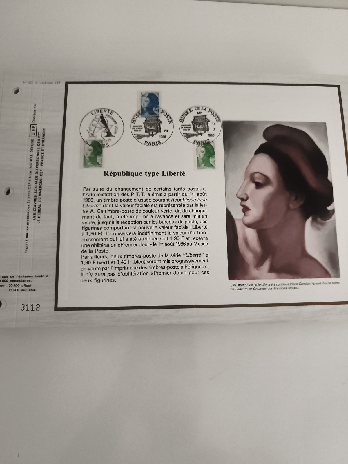 Feuillet philatélique CEF République type Liberté 1986 oblitération Paris