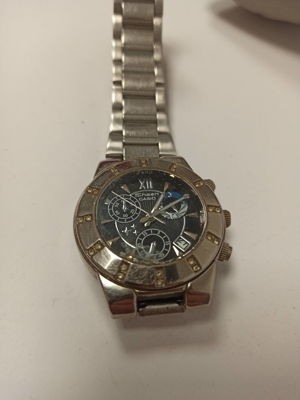 Montre Casio Sheen homme, bracelet métal, cadran noir, chrono, d'occasion