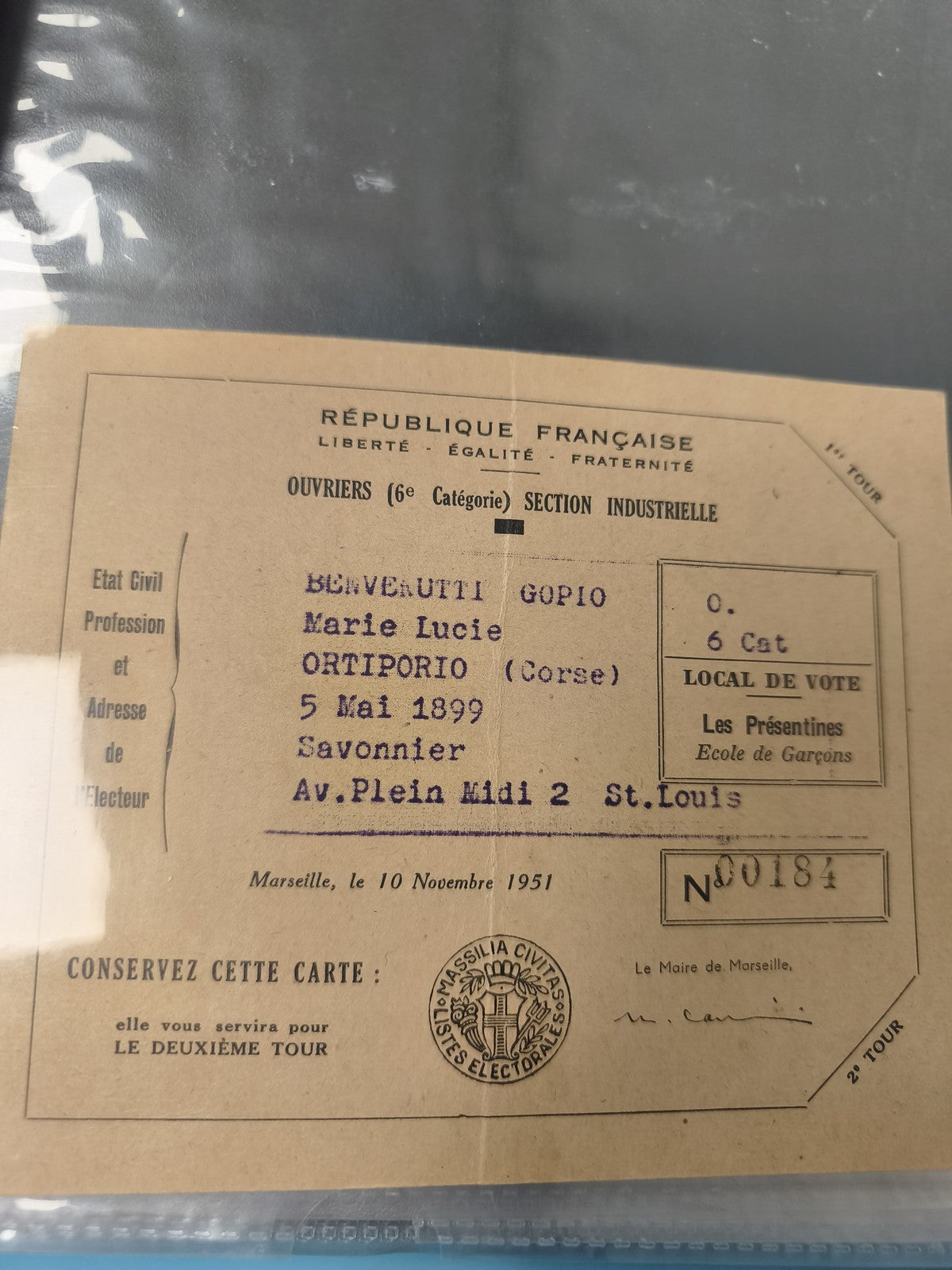 Ancien papier électoral ouvrier section industrielle Marseille 1951 vintage