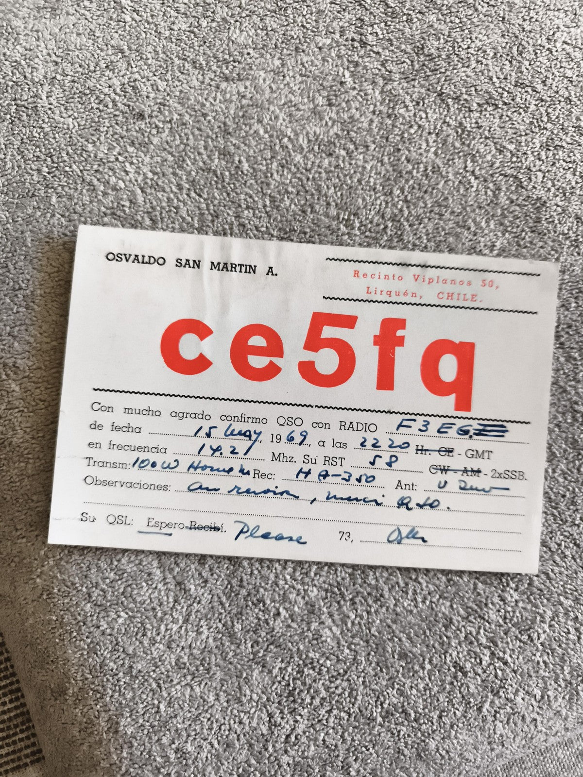 Carte QSL radio ancienne CE5FQ Chili 1969 Osvaldo San Martin vintage
