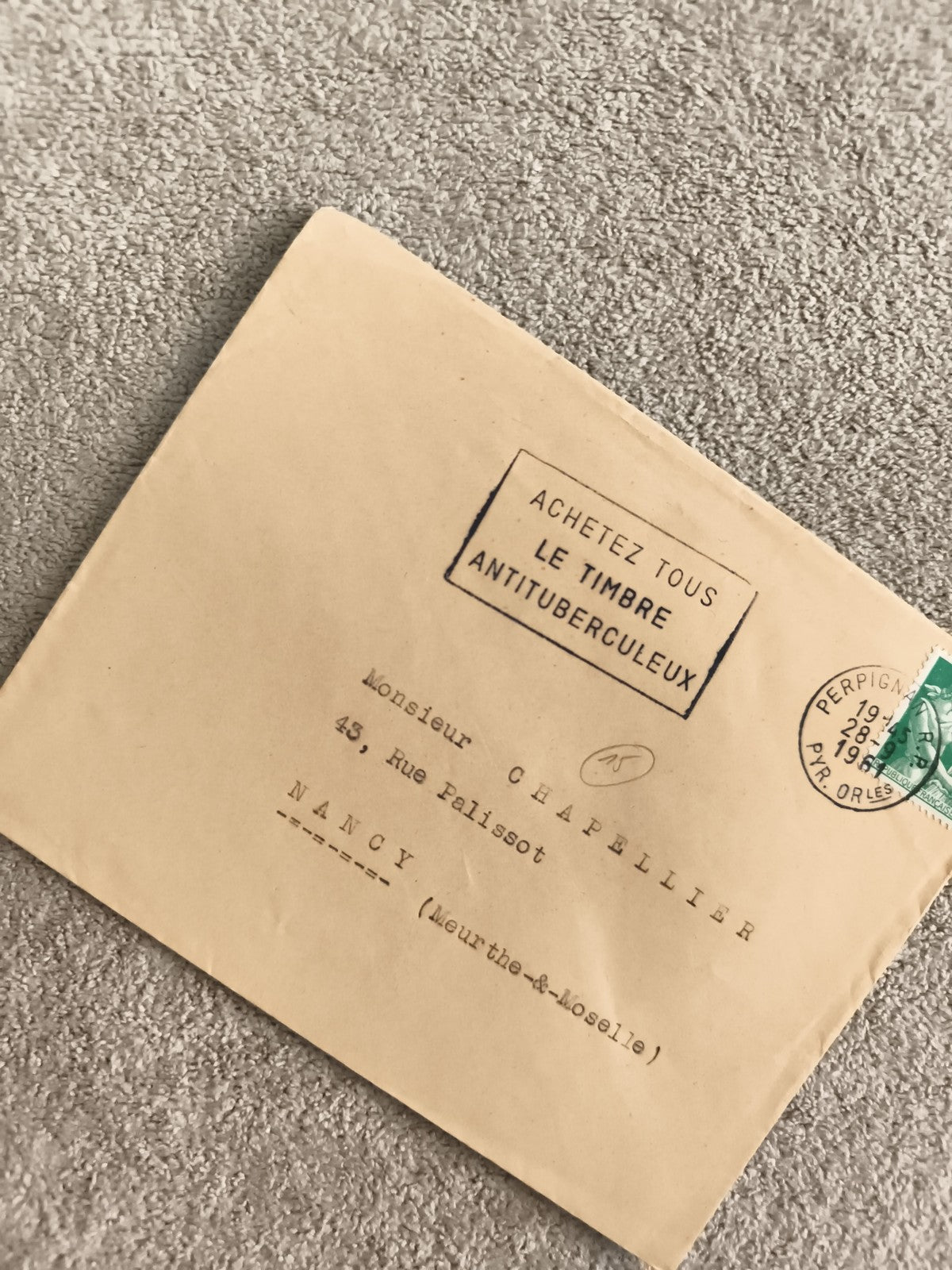 Lettre oblitérée Perpignan 1938 timbre vert France philatélie Nancy