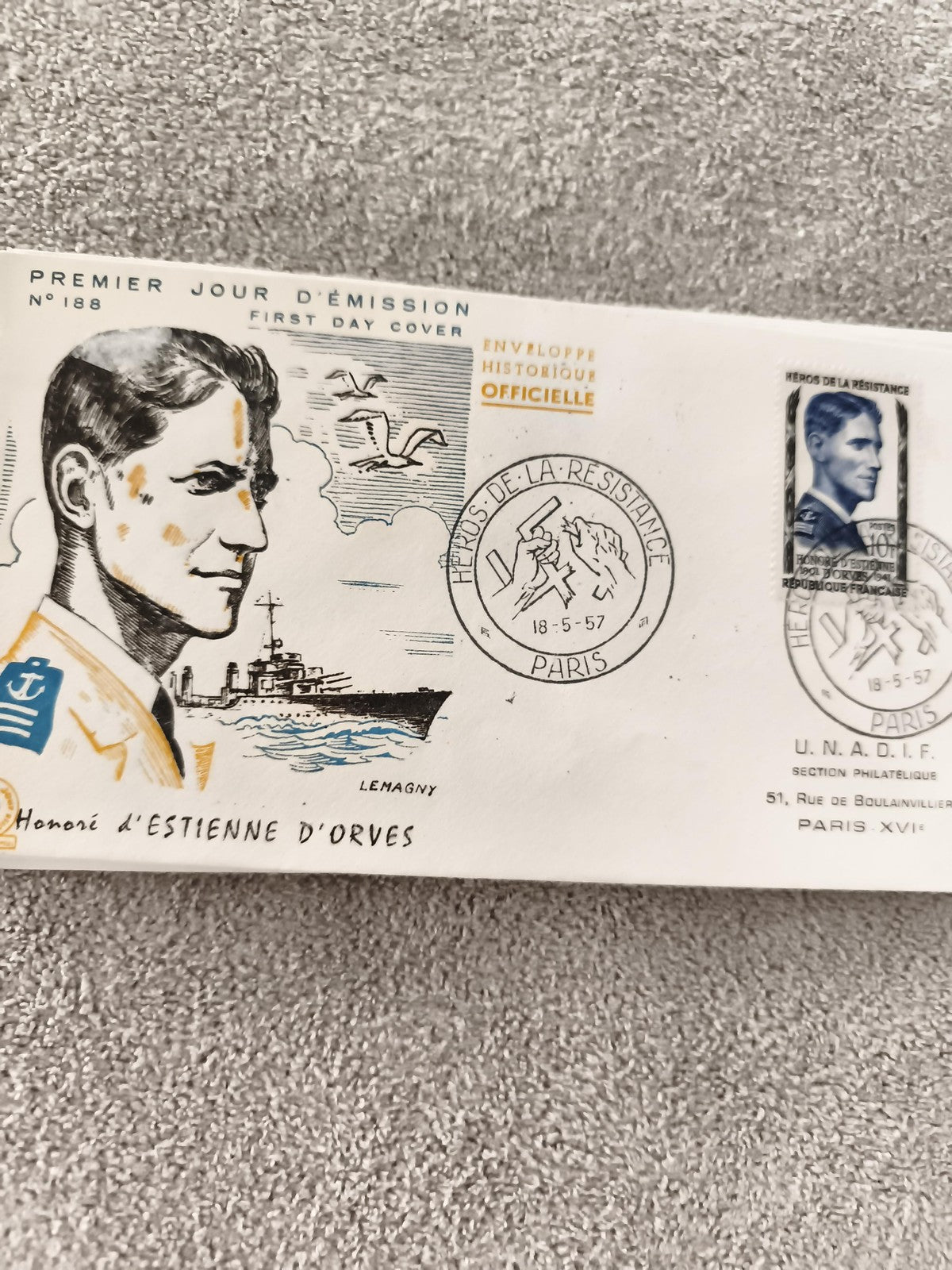 Lettre 1er jour Héros Résistance Estienne d'Orves 1957 enveloppe officielle