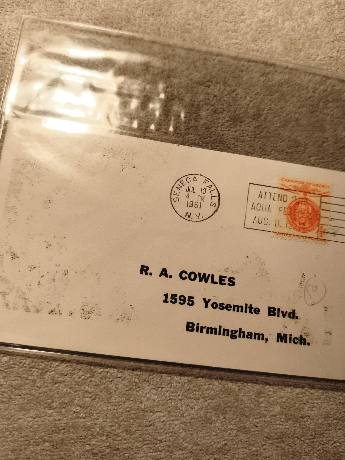 Lettre oblitérée USA 1961 Seneca Falls timbre Champion of Liberty philatélie (Re