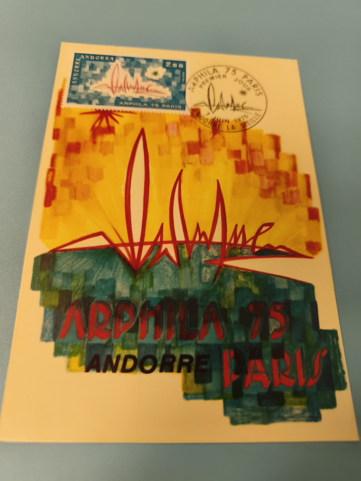 Carte postale Arphila 75 Andorre Paris avec timbre et cachet illustré