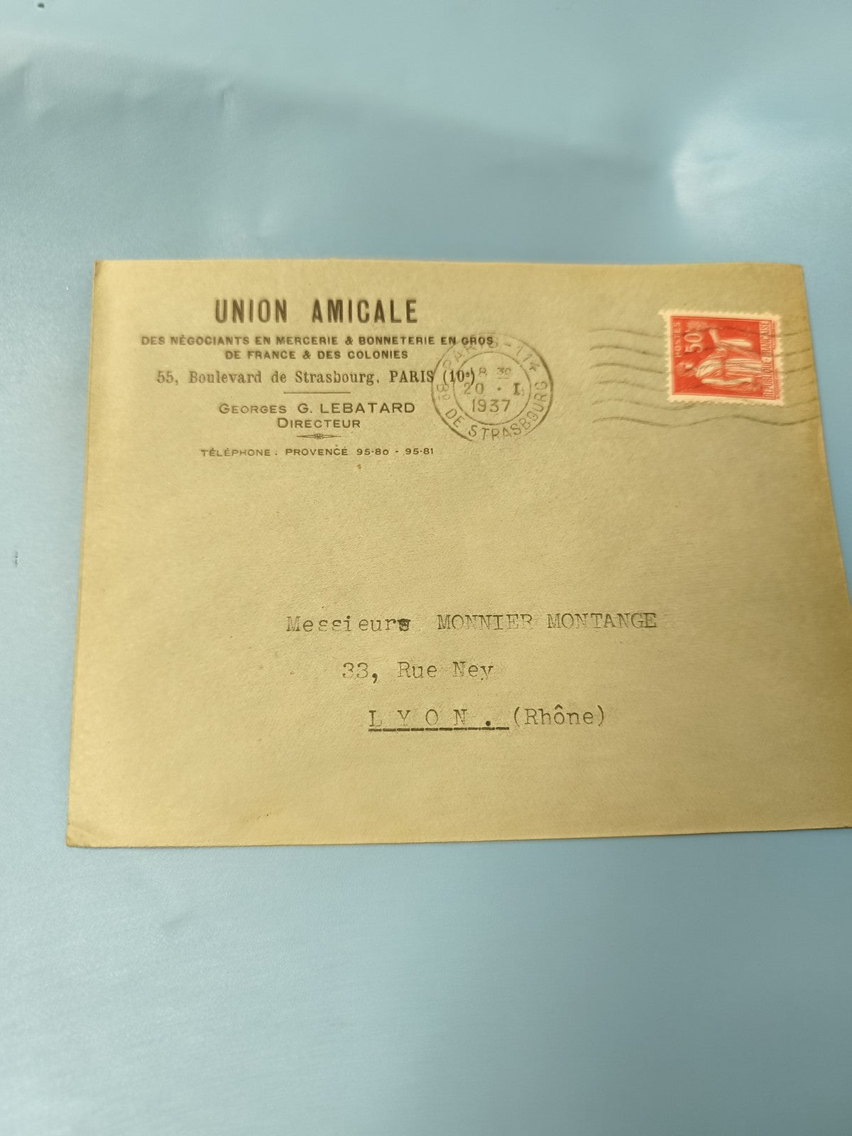 Ancienne enveloppe oblitérée 1937 philatélie Union Amicale Paris Lyon vintage