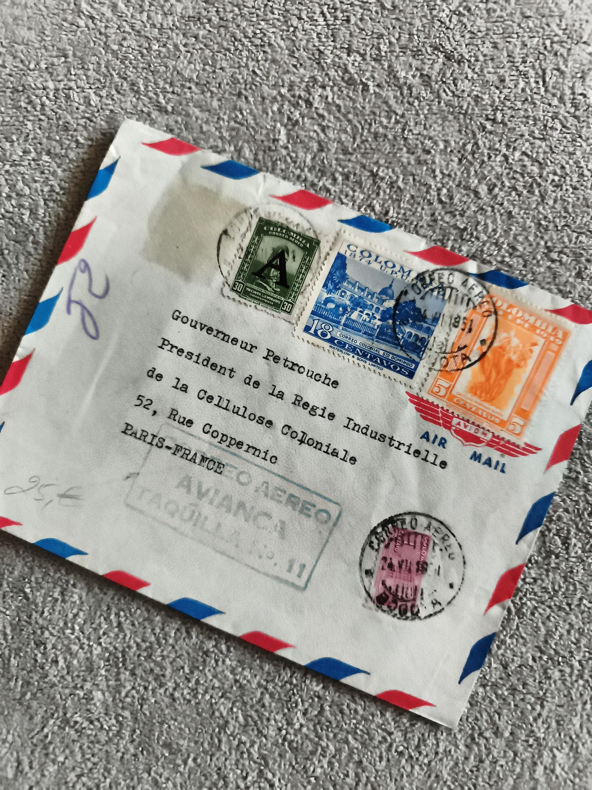 Lettre avion affranchie Colombie 4 timbres, oblitération 1951 philatélie