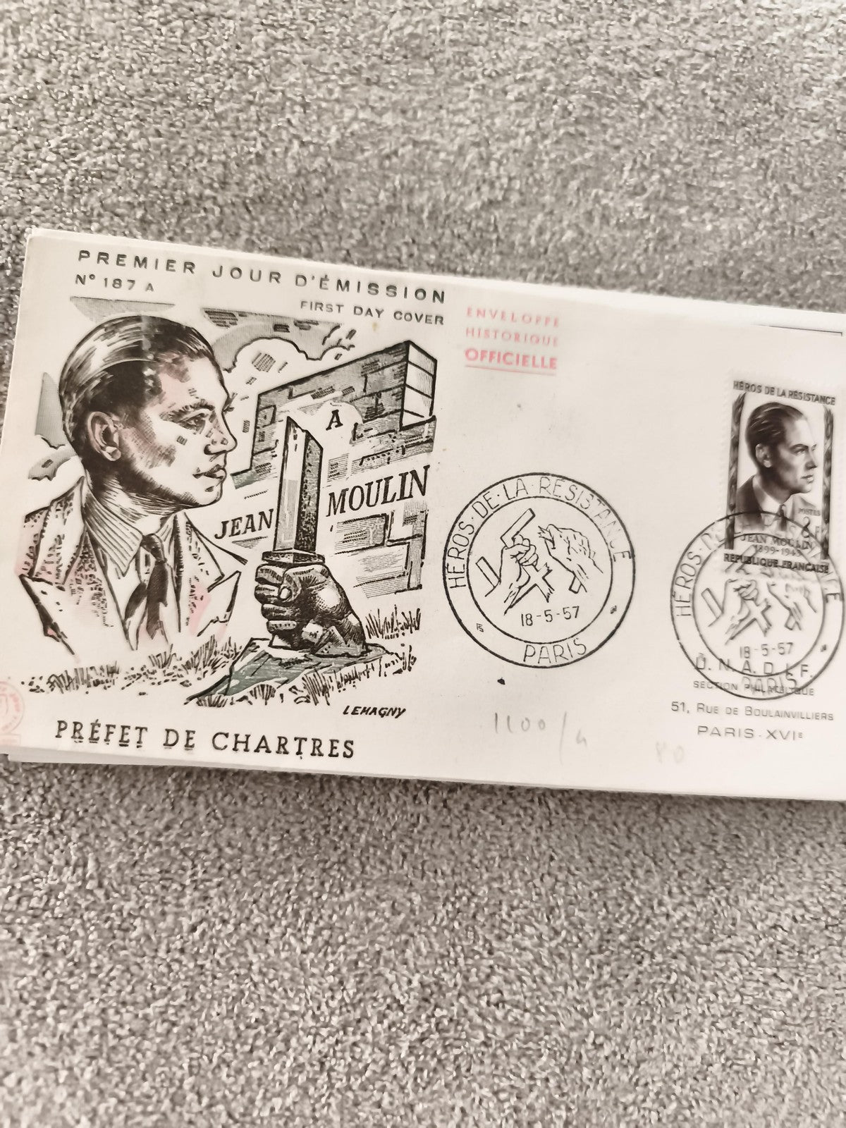 Lettre Premier Jour Jean Moulin 1957 Héros Résistance FDC Ancien philatélie