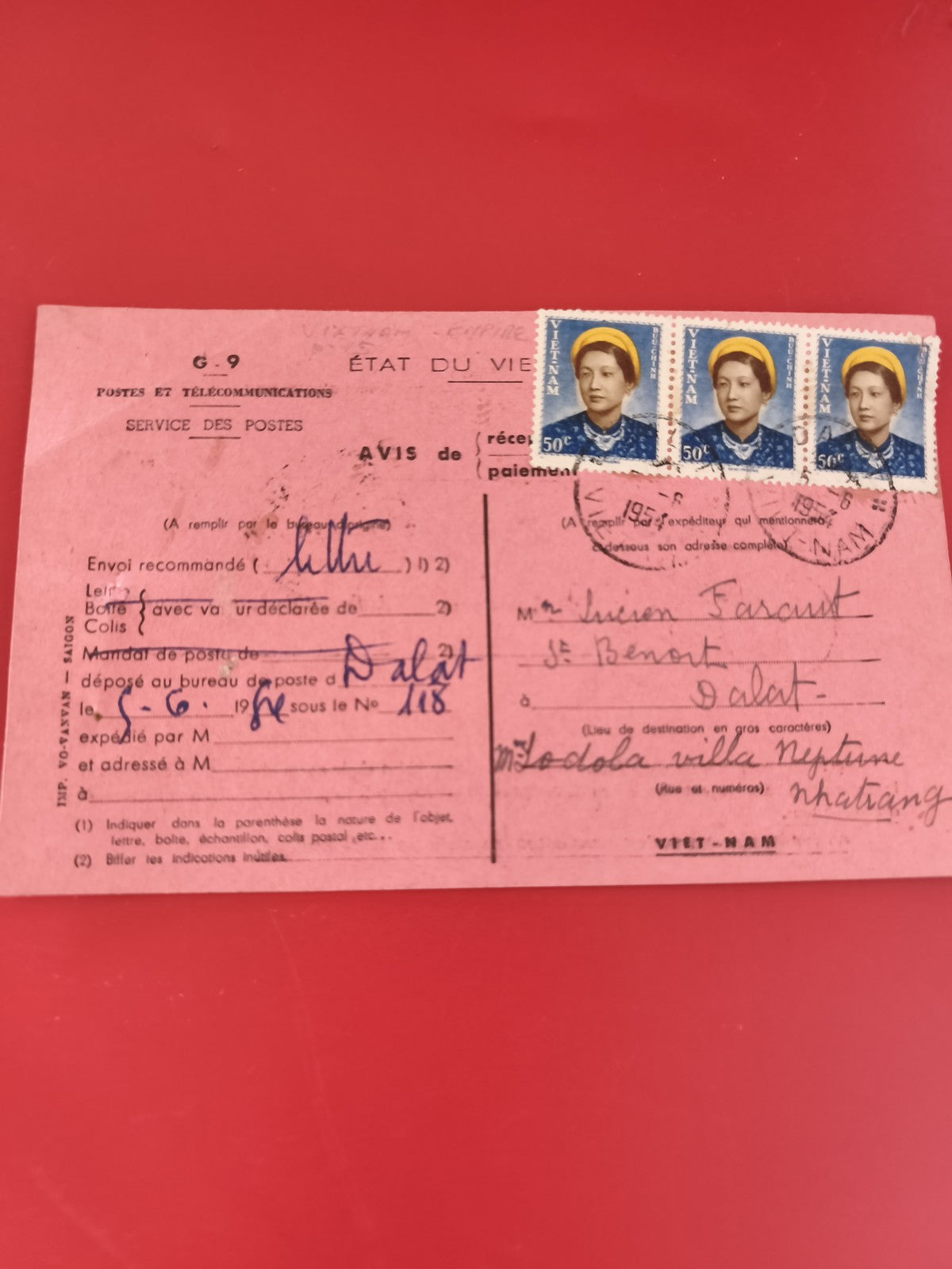 Ancienne enveloppe recommandée Vietnam, timbres 50c, philatélie collection