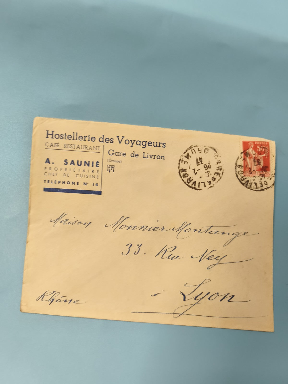 Ancienne enveloppe oblitérée Hostellerie des Voyageurs début XXe philatélie Lyon
