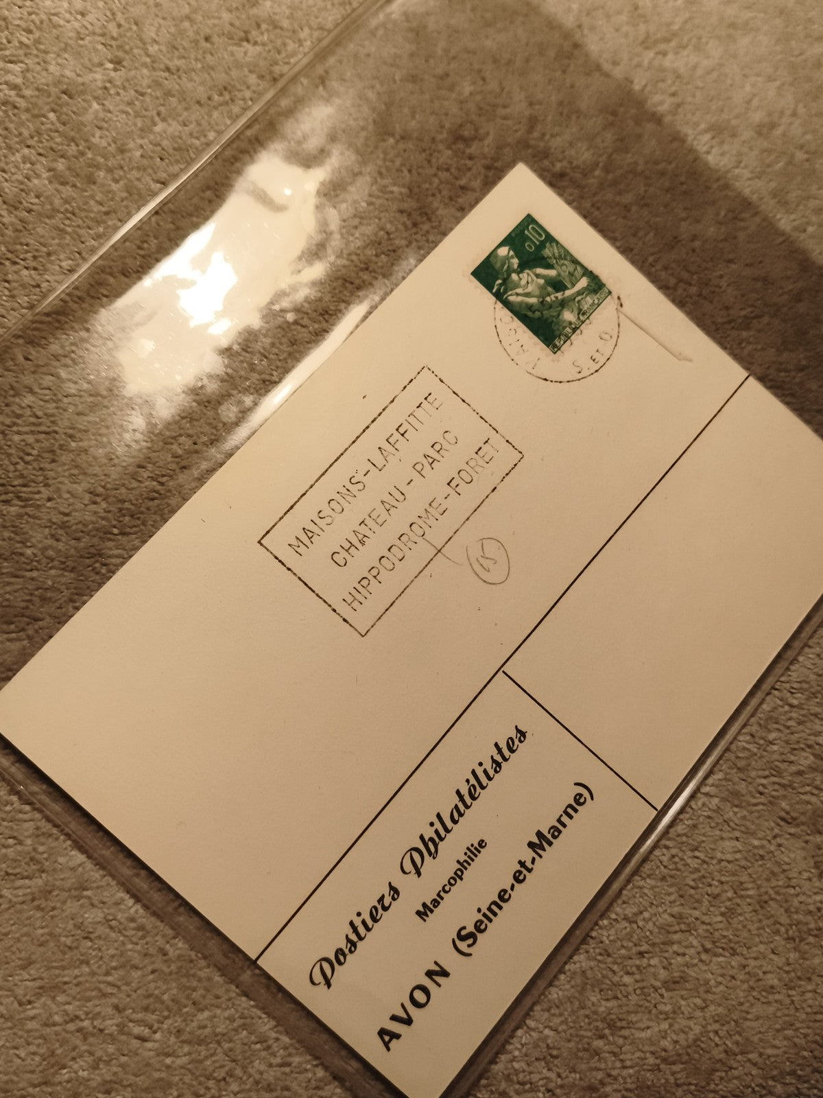 Carte postale oblitérée Maisons-Laffitte timbre 0,10F vert Marcophilie Avon