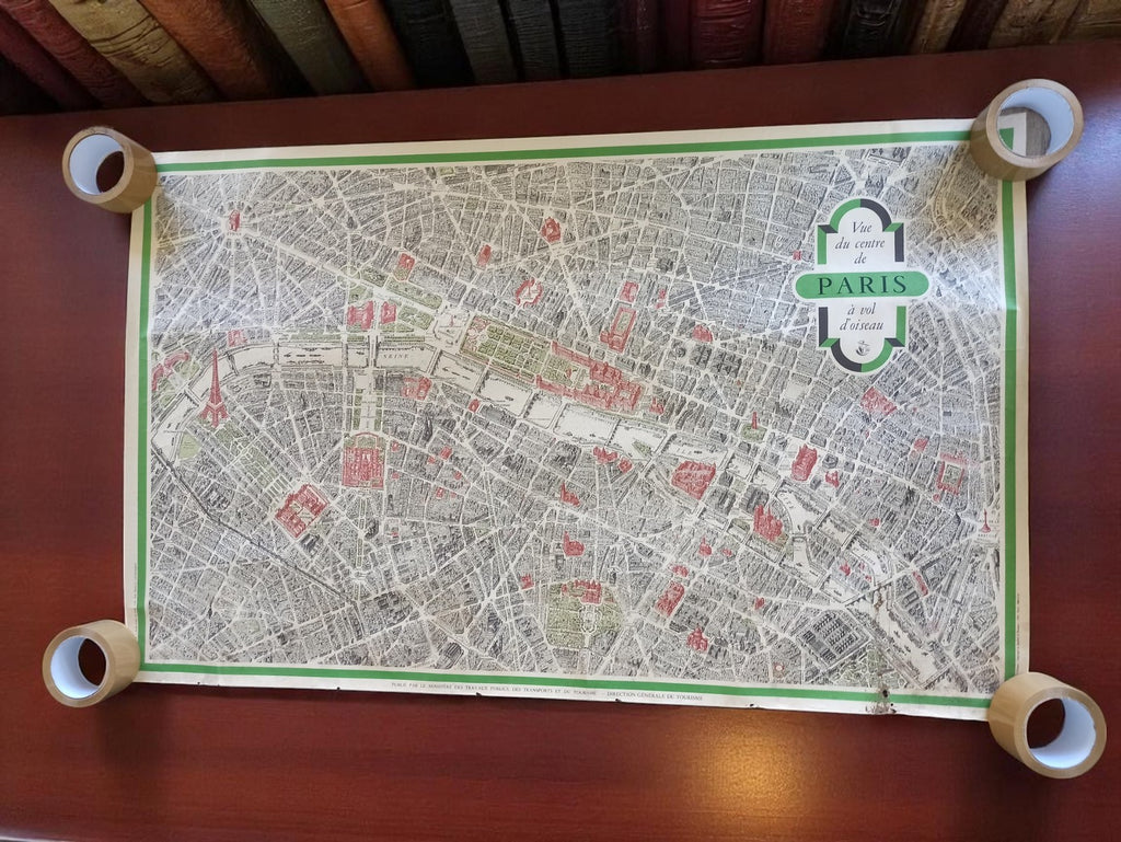 Carte ancienne Paris centre à vol d’oiseau plan vintage déco – livraison pliée