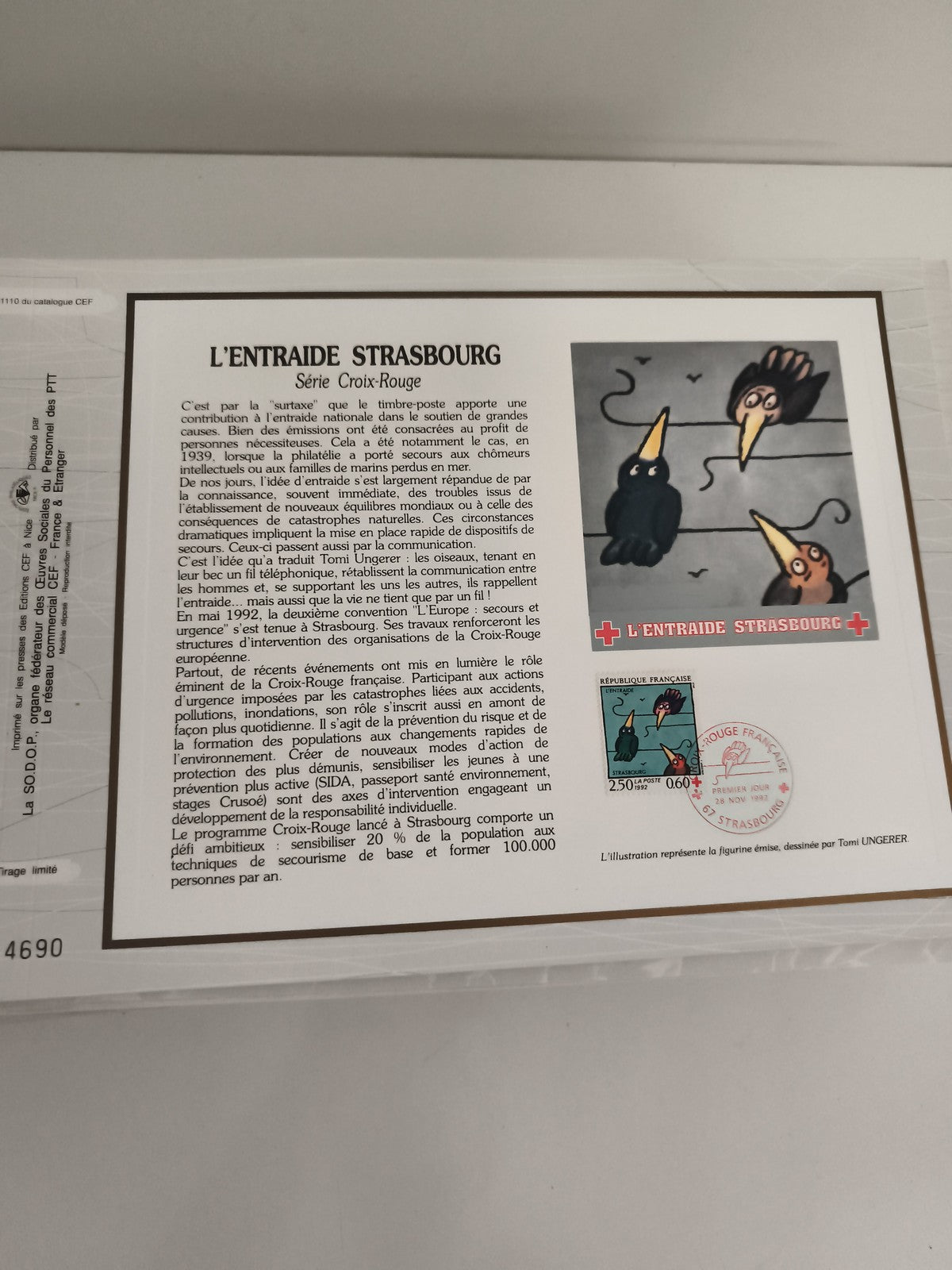 Feuillet philatélique CEF L'Entraide Strasbourg Croix-Rouge Tomi Ungerer