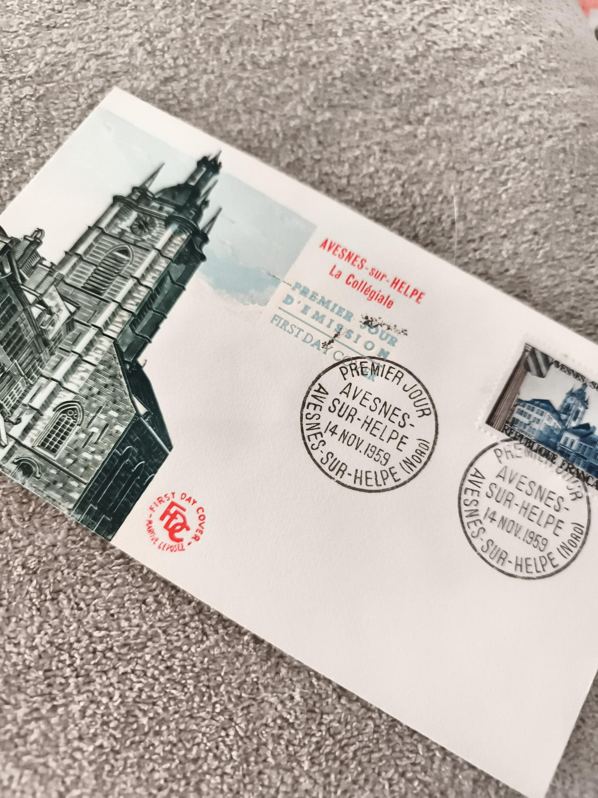 Lettre FDC 1959 Avesnes-sur-Helpe La Collégiale premier jour cachet ancien phila