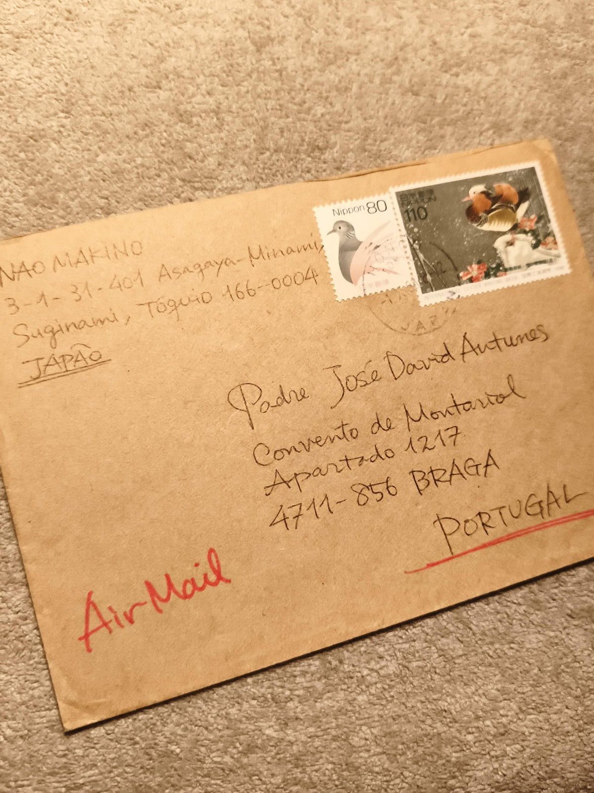 Lettre affranchie Japon Portugal timbres oiseaux Air Mail philatélie (Ref 9)