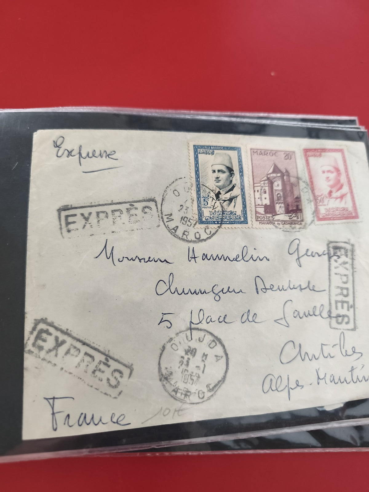 Ancienne enveloppe oblitérée express Maroc 1957 timbres philatélie collection
