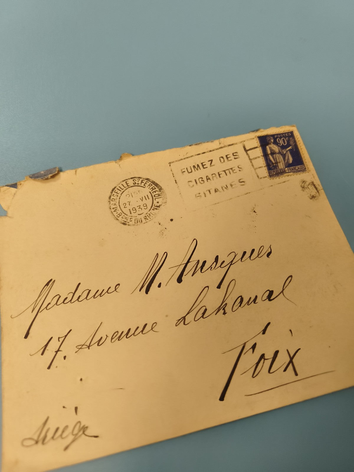 Ancienne enveloppe philatélie 1939 timbre Marianne bleue cachet Marseille