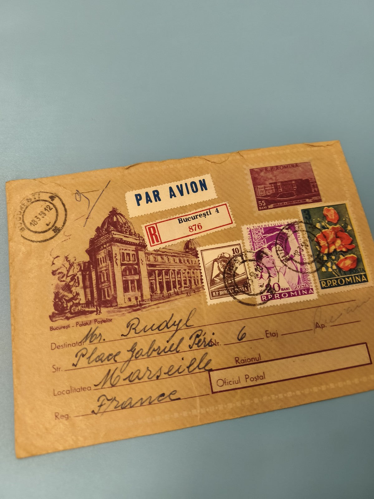 Ancienne enveloppe philatélie Roumanie affranchie, cachets, Par Avion