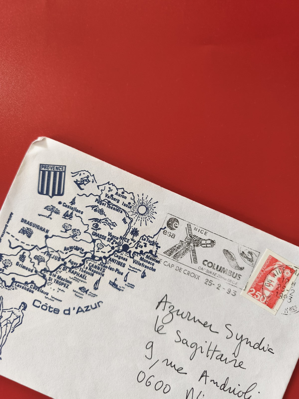 Enveloppe philatélie Côte d?Azur timbrée, motif carte Provence, oblitération Nic