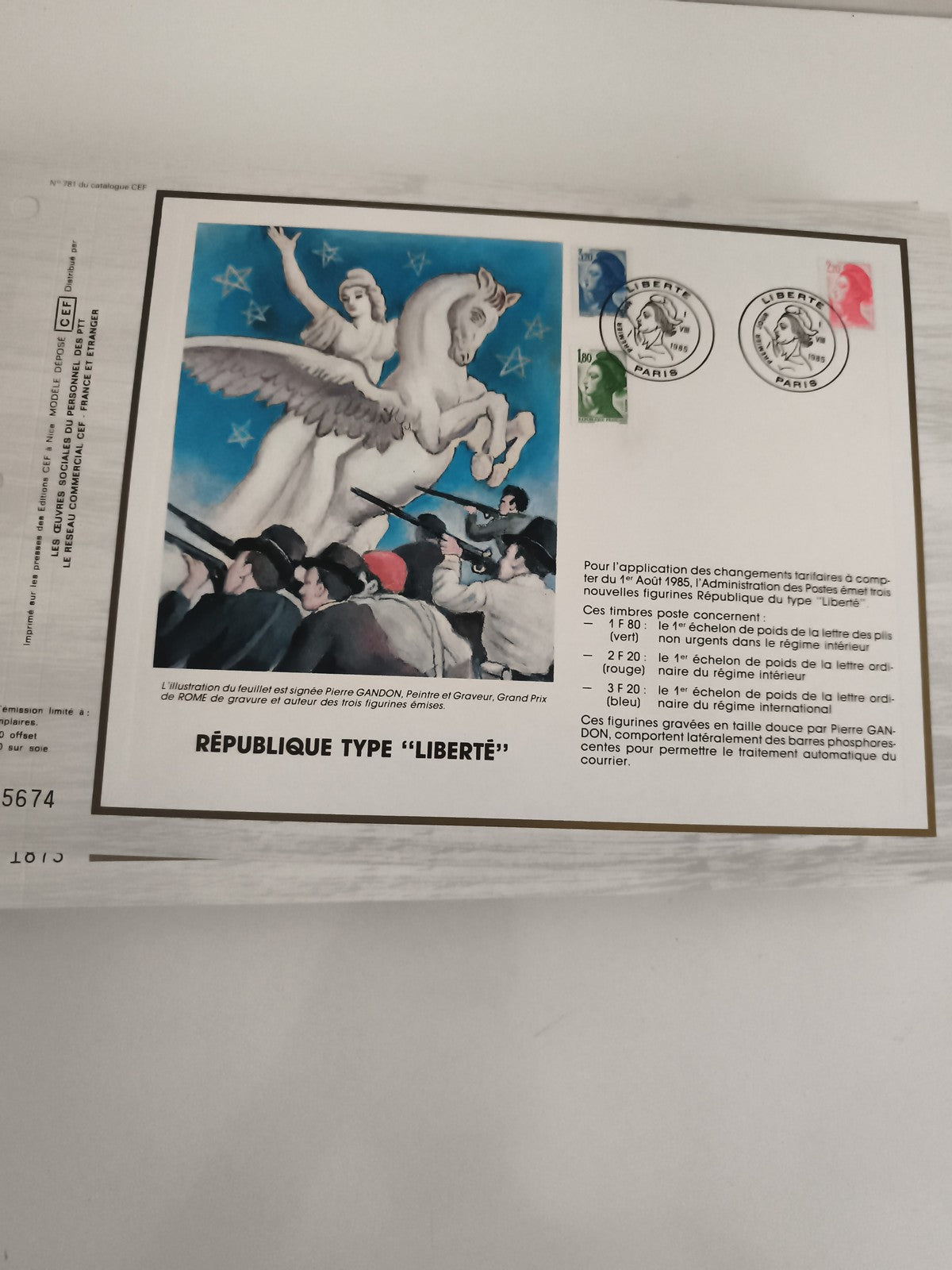 Feuillet CEF République type Liberté timbres 1985 Pierre Gandon philatélie
