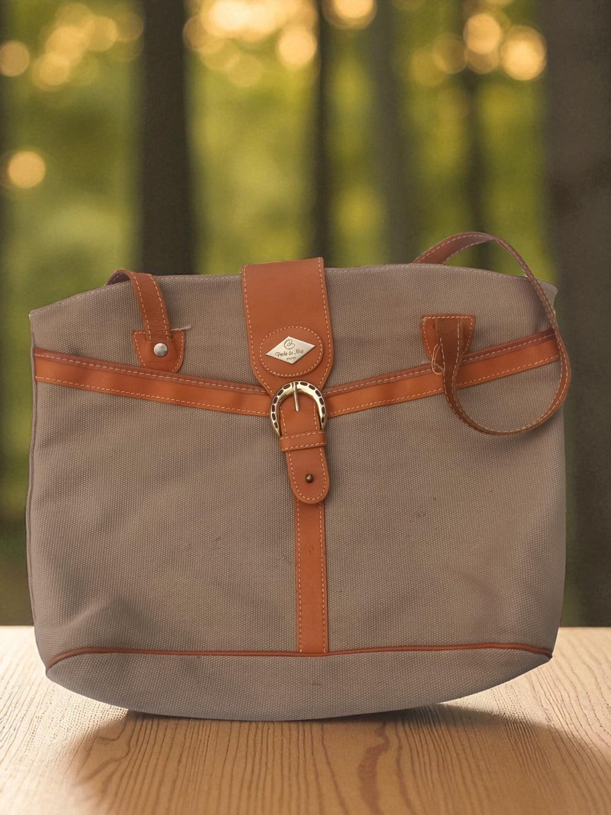 Sac cabas Perle de Mer vintage toile & cuir beige marron élégant