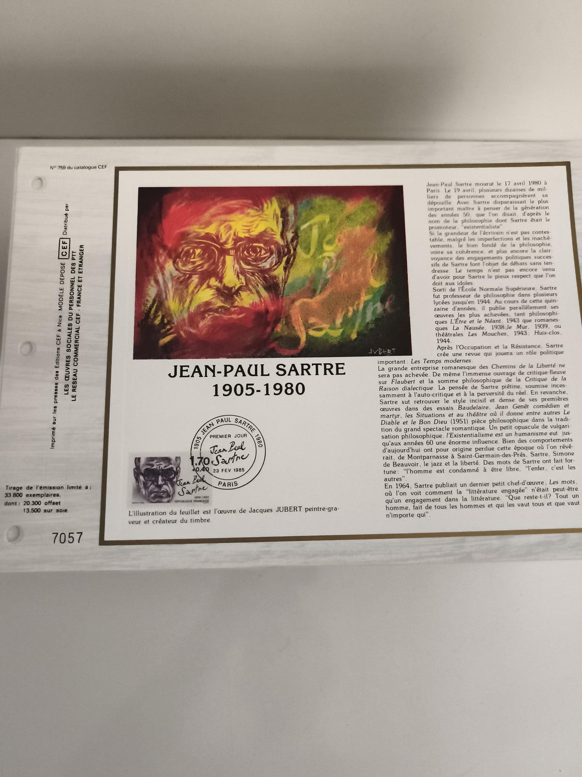 Feuillet CEF Jean-Paul Sartre 1905-1980 oblitération Premier Jour philatélie