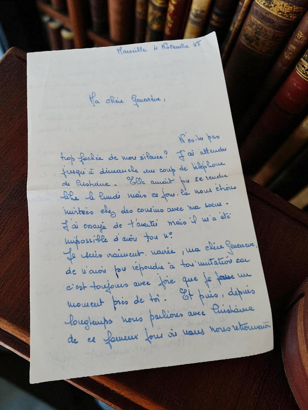 Lettre ancienne manuscrite 1948 Marseille encre bleue vintage à Geneviève WW2