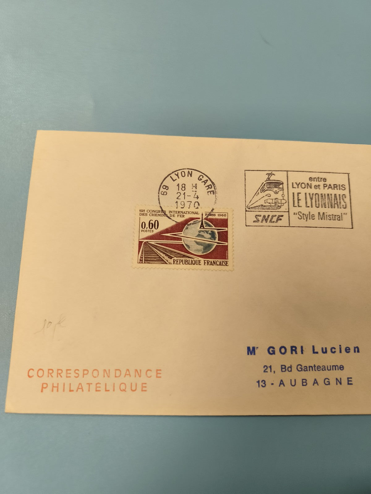 Ancienne enveloppe philatélique oblitérée 1970 SNCF Lyon Paris timbre chemin de