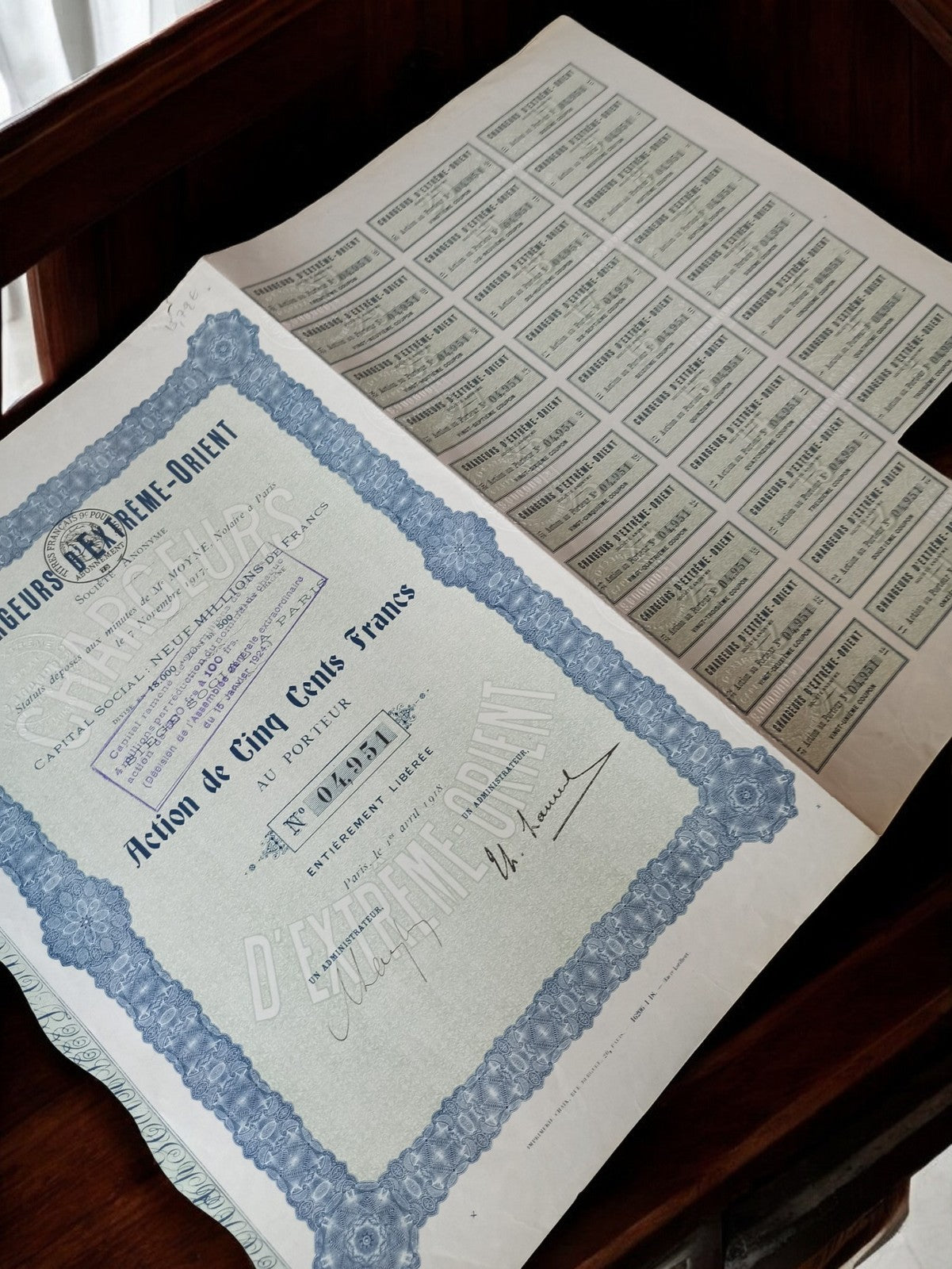 Action au porteur D'Extrême-Orient années 1920 bleu vintage papier rare