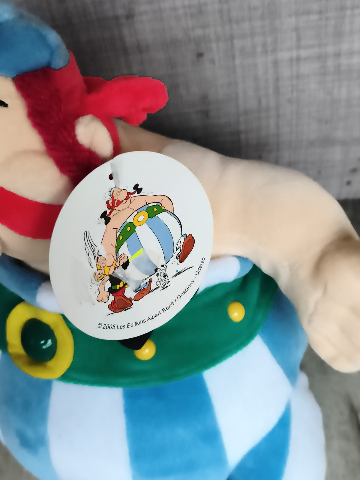 Peluche Astérix vintage Parc Astérix bleu blanc rayé licence étiquette