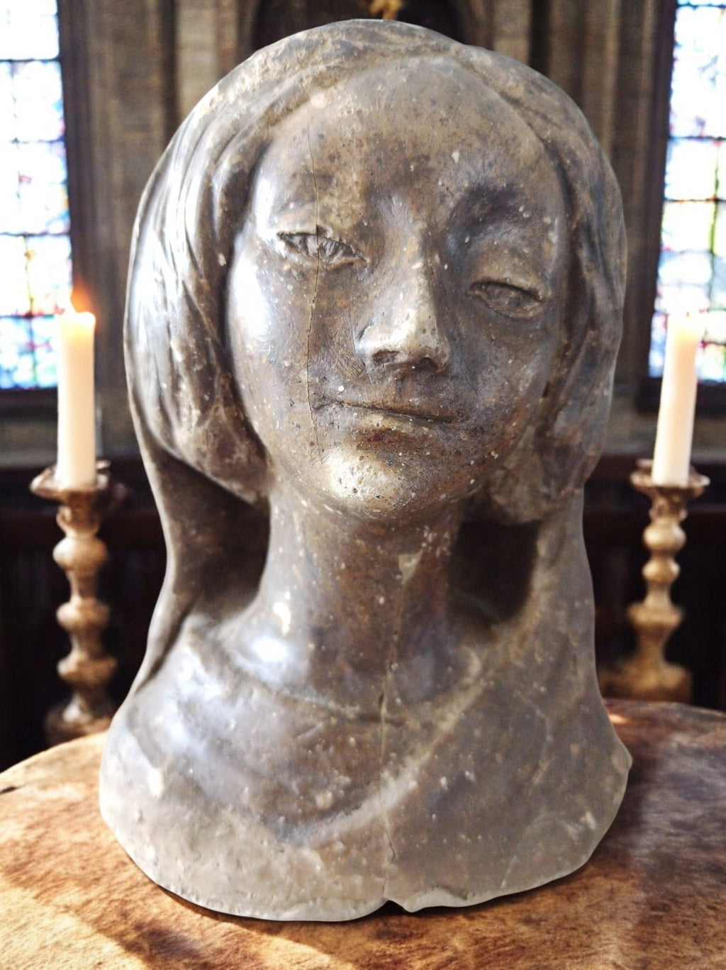 Buste femme pierre sculptée style gothique médiéval patine authentique