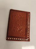 Portefeuille ancien cuir marron motif floral rétro vintage brodé main