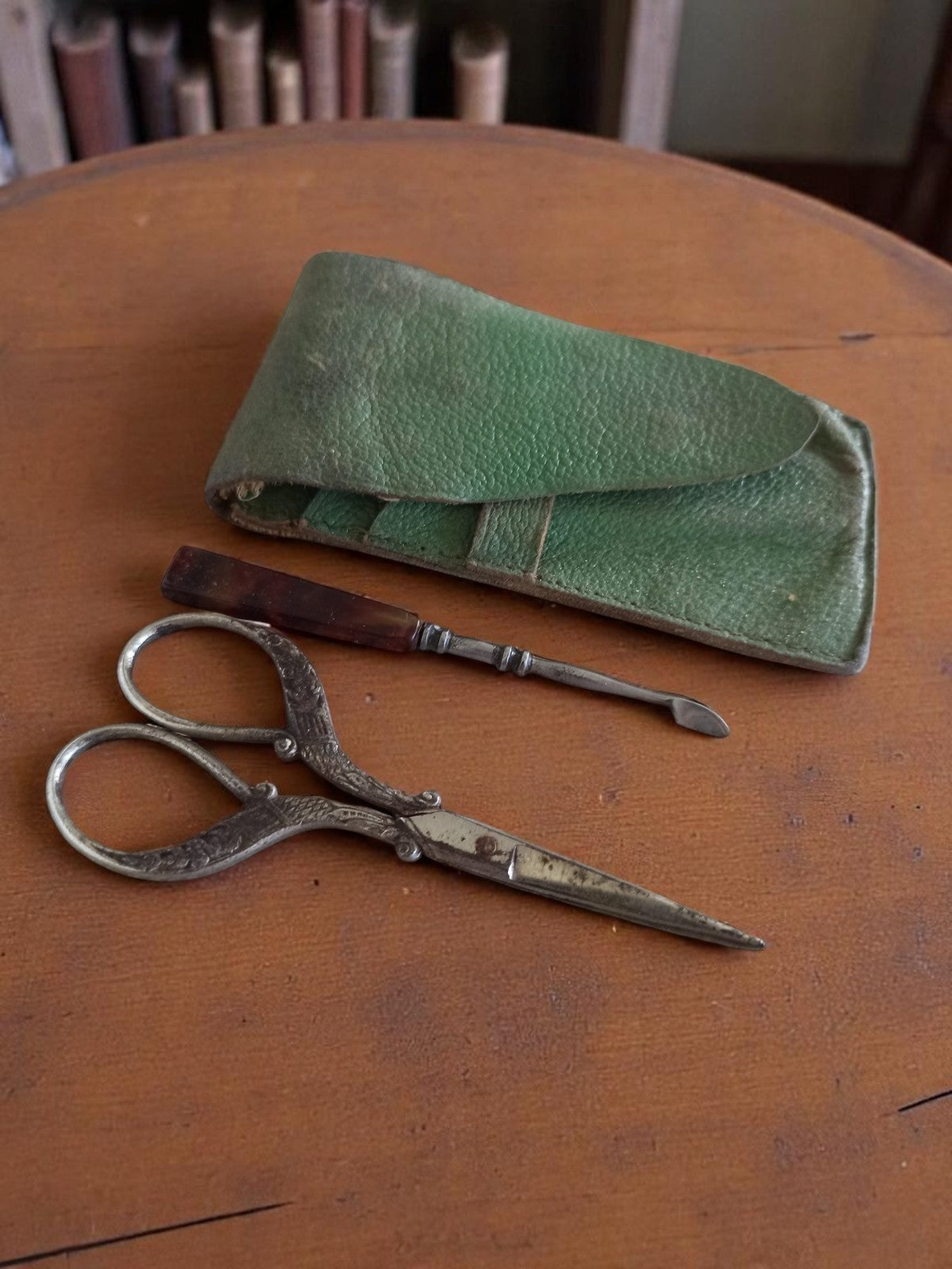Paire de ciseaux anciens motif oiseau + outil manucure avec étui vert vintage