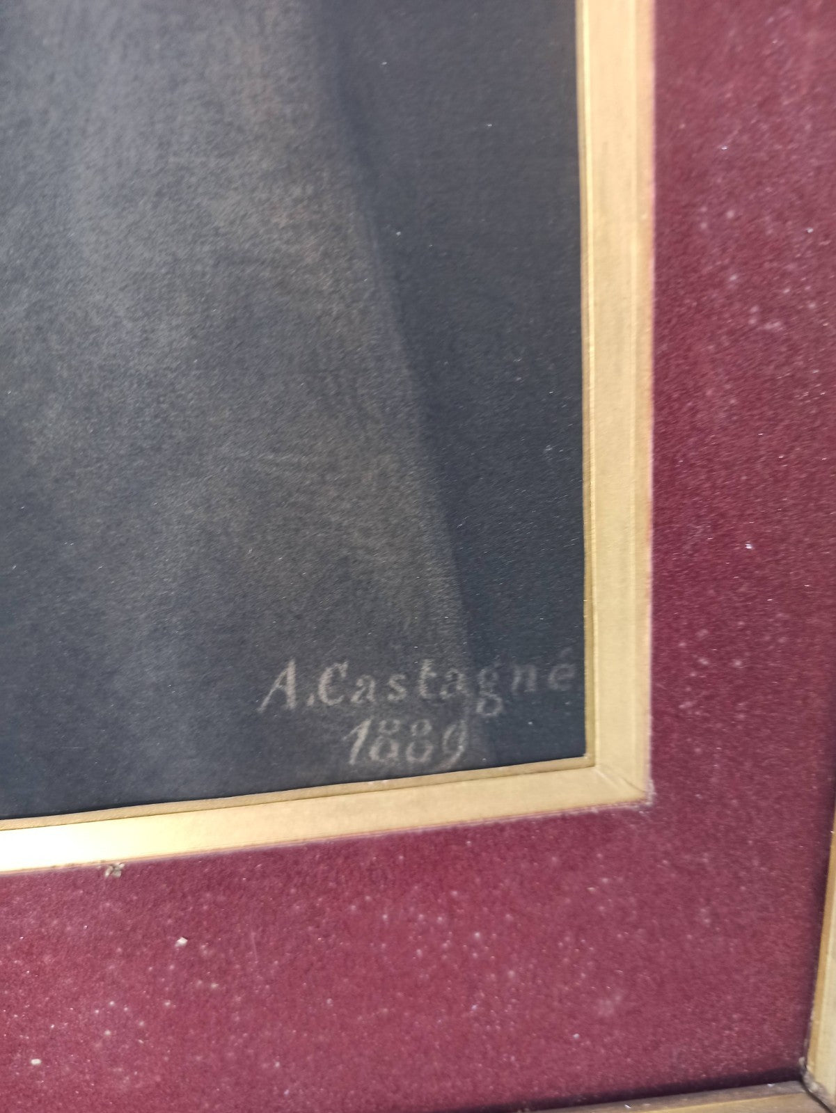Portrait ancien fusain signé A. Castagné 1889 encadré, dessin XIXe, tableau vint