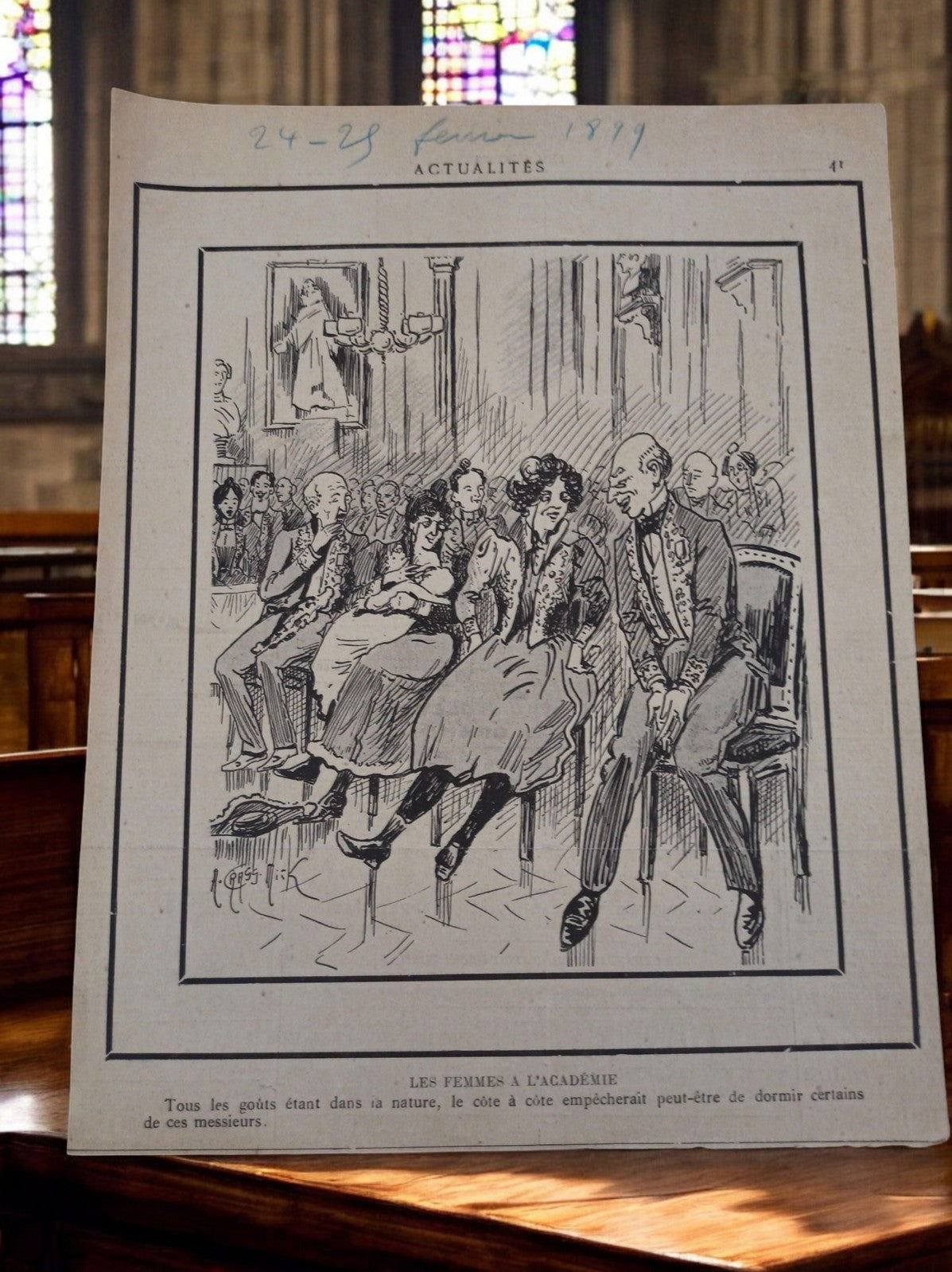 Affiche ancienne illustrée France 1879, satire Académie, gravure magazine