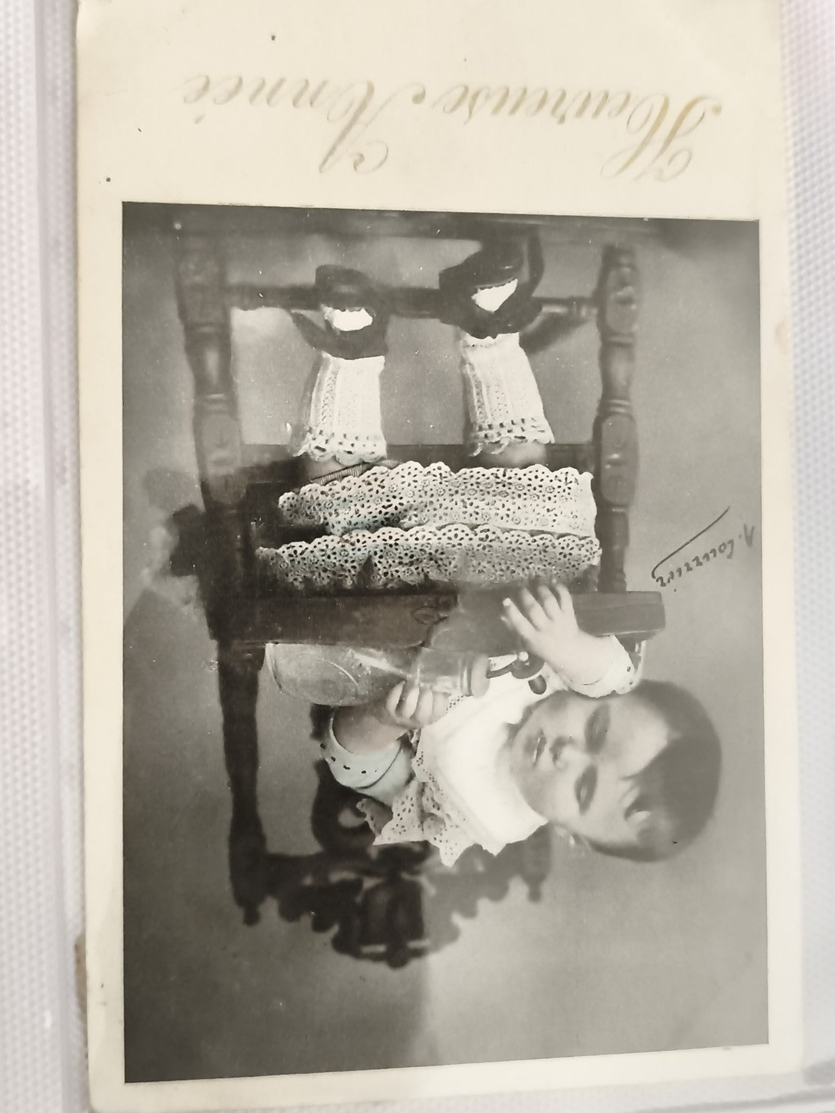 Carte postale ancienne bébé XIXe début XXe photo noir et blanc "Jeunesse J'aime"
