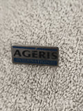 Pin's AGERIS INTERNATIONAL vintage, badge logo entreprise, aspect métal bleu (Re