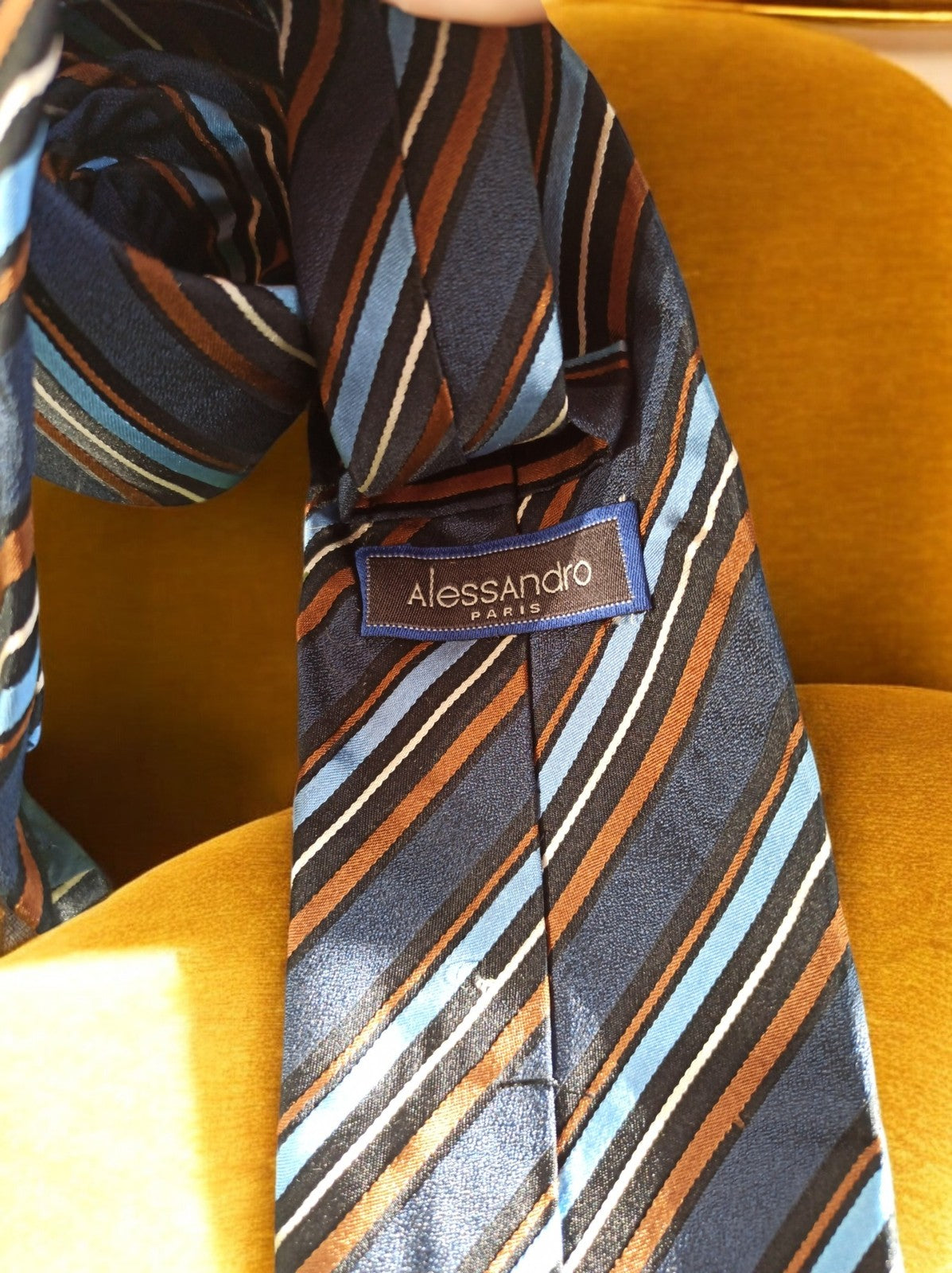 Cravate vintage Alessandro Paris 100% soie rayée bleu marron homme rétro