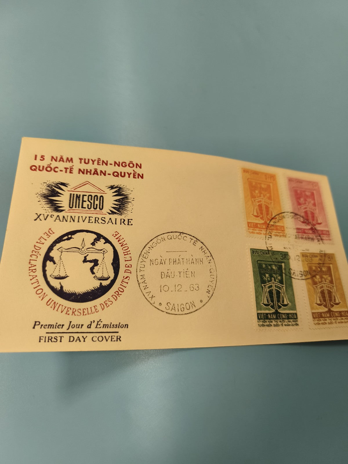 Ancienne enveloppe FDC Vietnam 1963 droits de l?Homme UNESCO timbres colorés