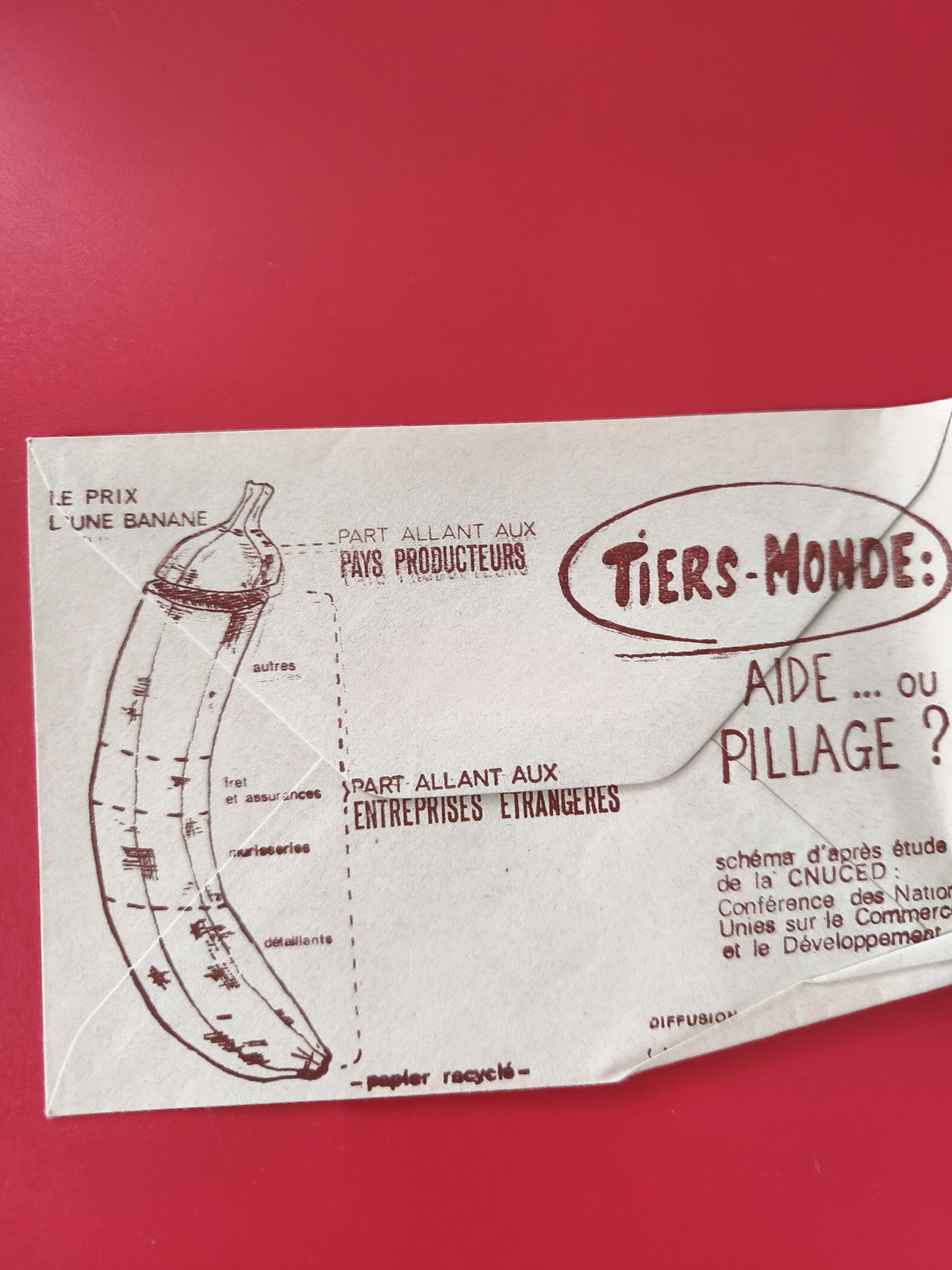 Enveloppe philatélie illustrée Tiers-Monde ? motif banane, message engagé