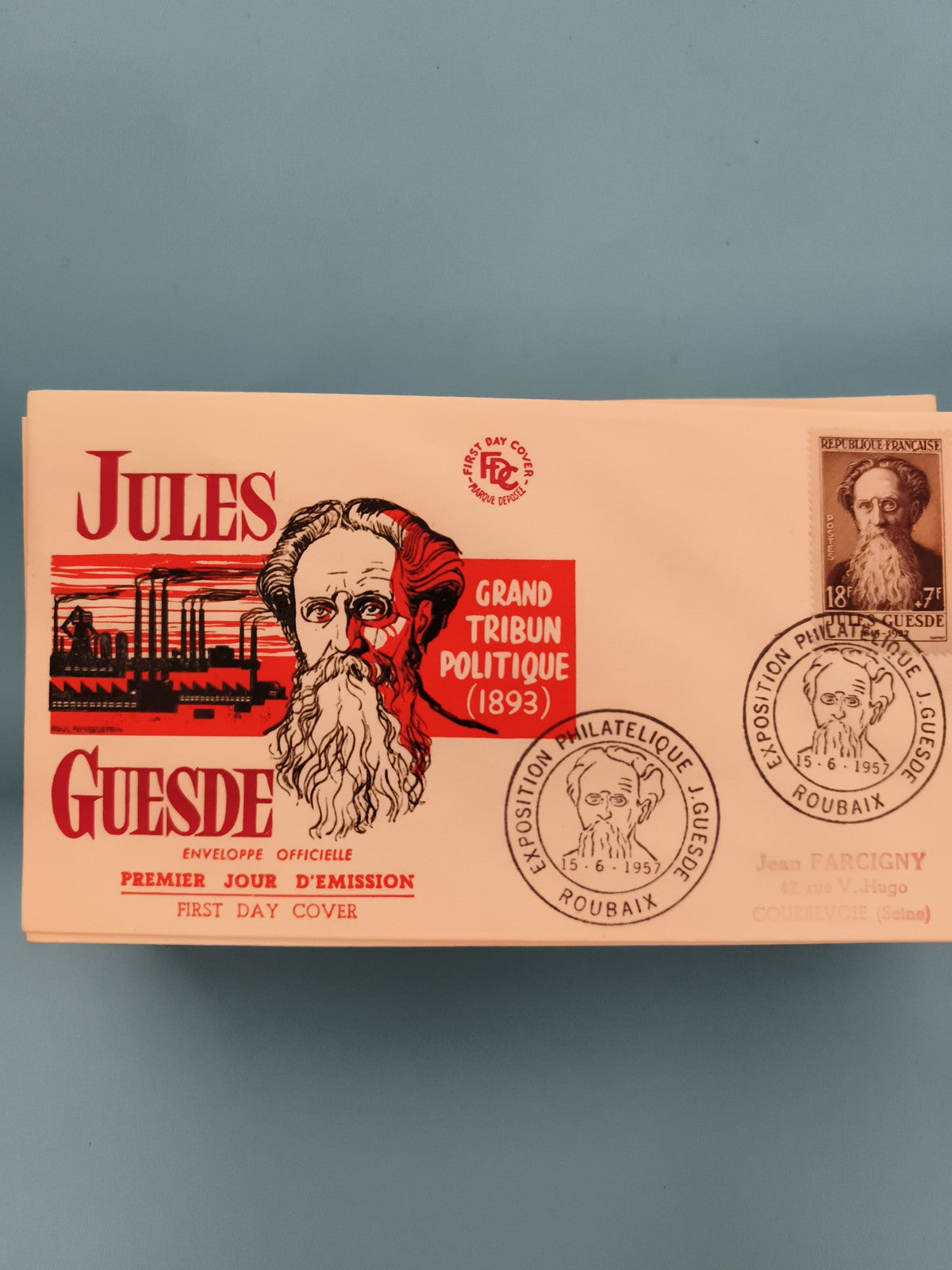 Enveloppe premier jour Jules Guesde 1957, FDC, exposition philatélique Roubaix