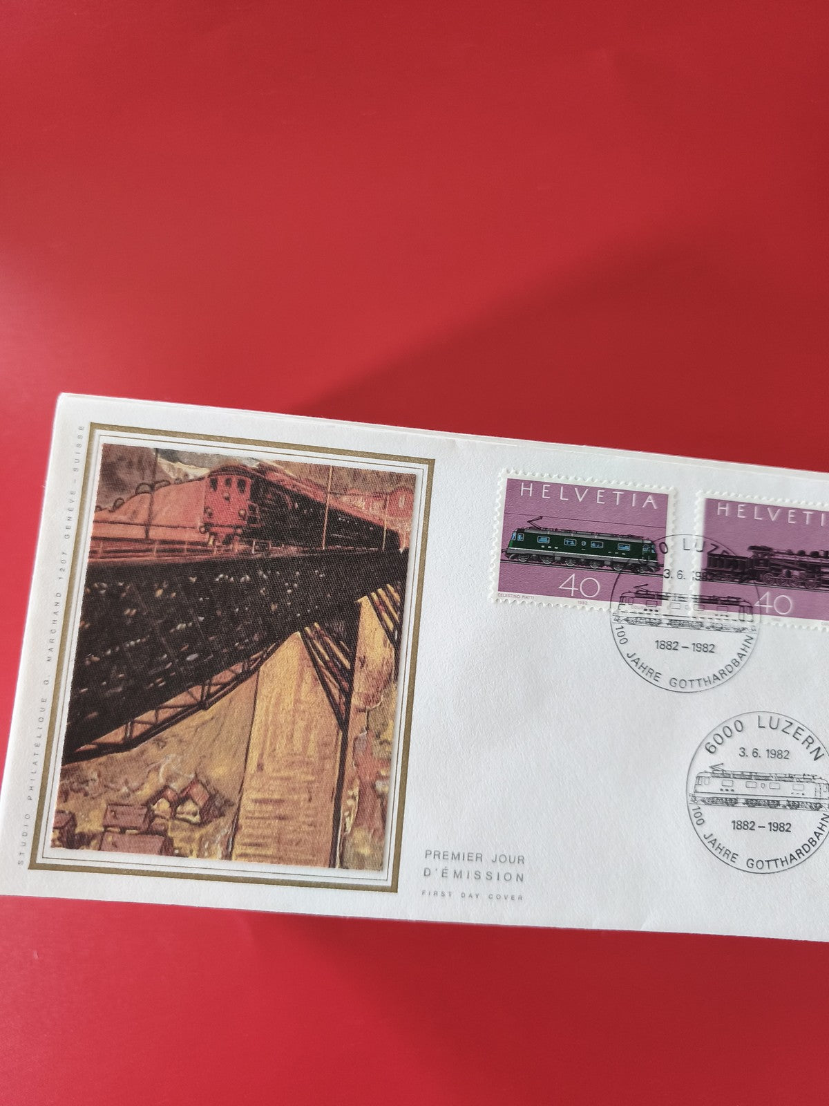 Enveloppe philatélie Helvetia 1982 premier jour train Gotthardbahn Suisse