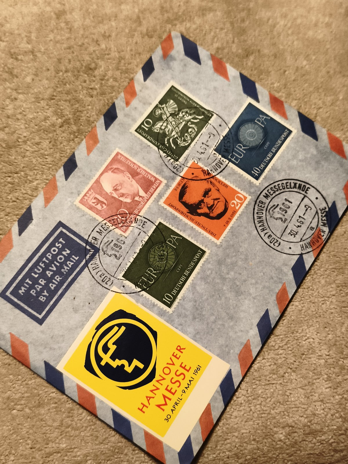 Lettre 1er jour Hannover Messe 1961 timbres Allemagne Europa Luftpost philatélie