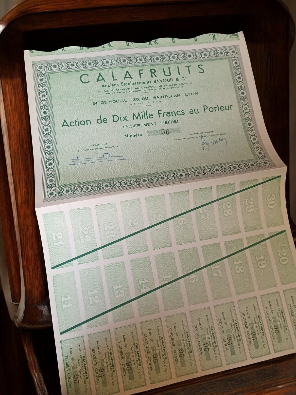 Action Calafruits 10000 Francs au porteur années 1920 Lyon vintage