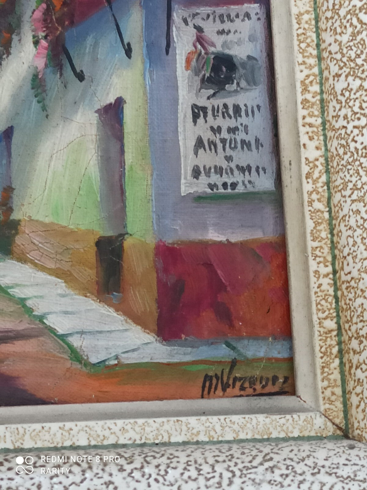 Tableau peinture scène de rue andalouse cadre doré 35x27cm Espagne mural