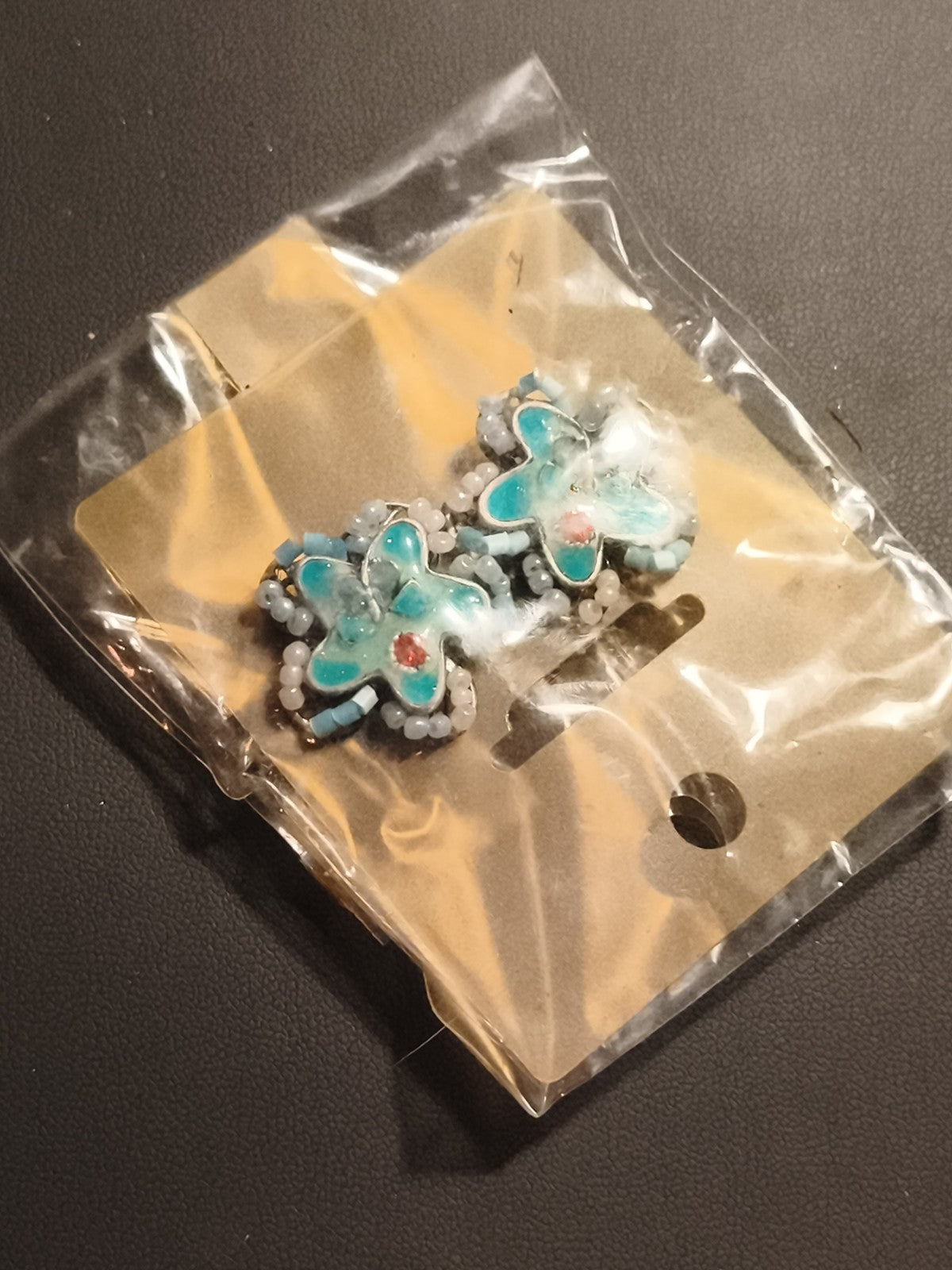 Paire boucles d’oreilles vintage papillon bleu perles deadstock fantaisie