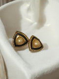 Paire boucles d’oreilles vintage rétro, noir doré perle fantaisie triangle