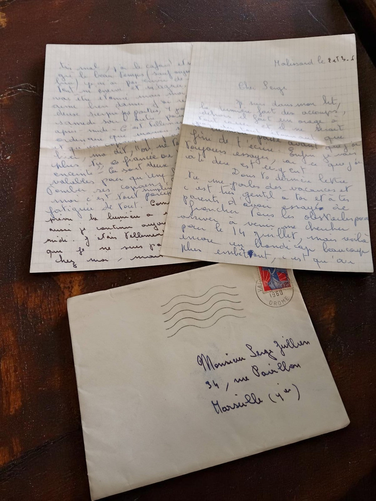 Lettre manuscrite ancienne Marseille 1960s avec enveloppe timbrée vintage
