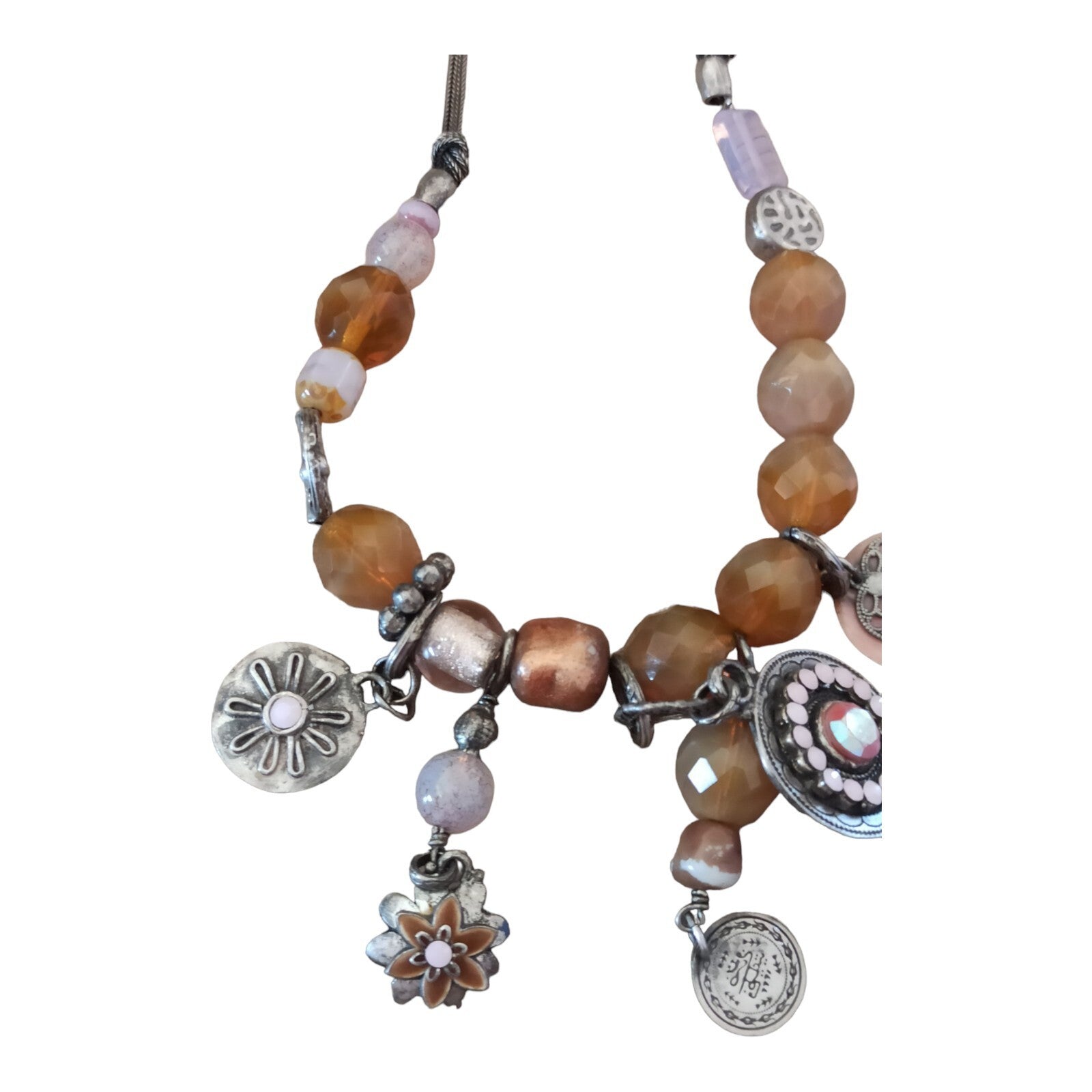 Collier Vintage Oriental Marocain, Perles Ambrées et Pendentifs Argentés, Unique