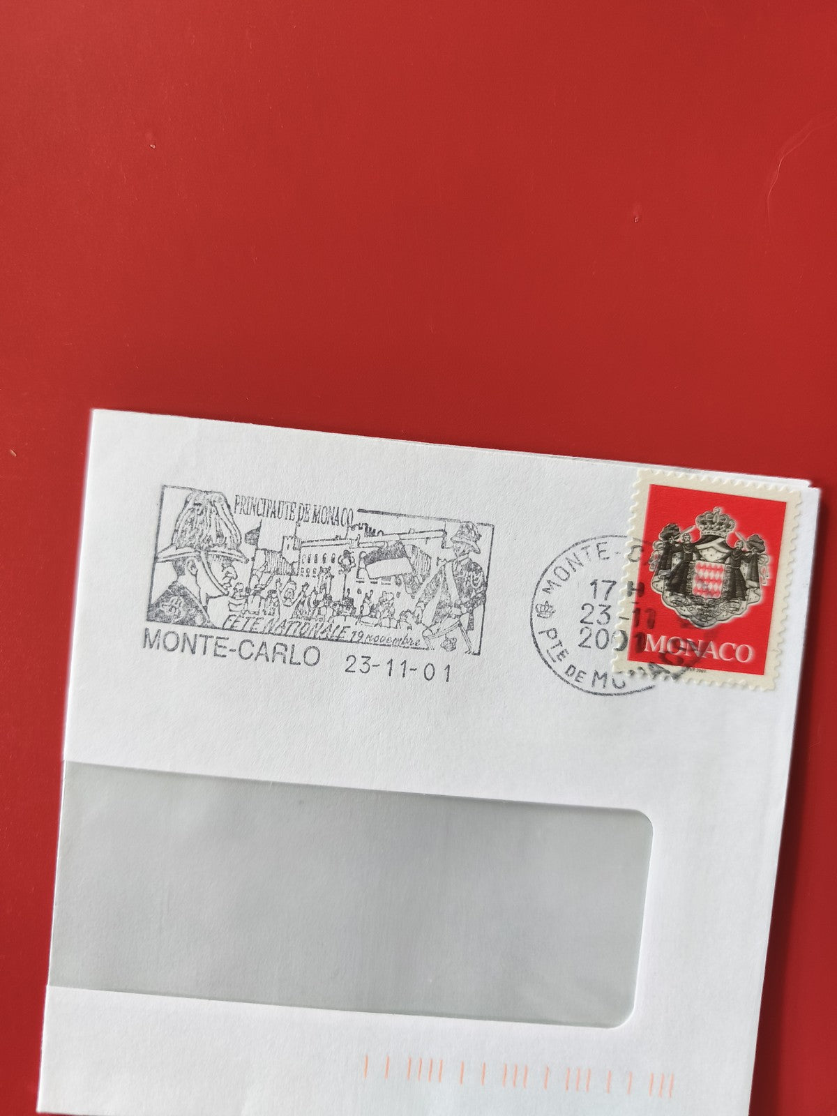 Enveloppe philatélie Monaco timbre rouge blason cachet Monte-Carlo fenêtre